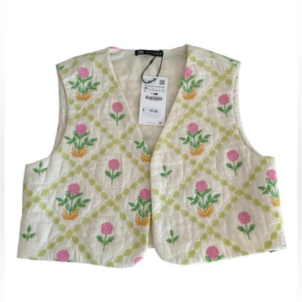 Zara Cream Floral Embroidered Vest with Pink & Green Motif